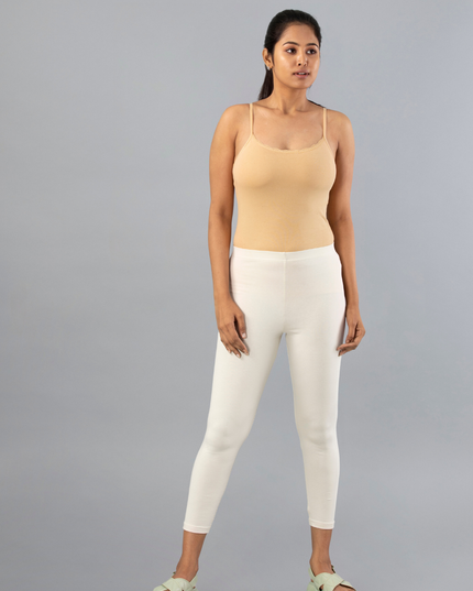 Women Cotton Cropped Leggings - Ecru