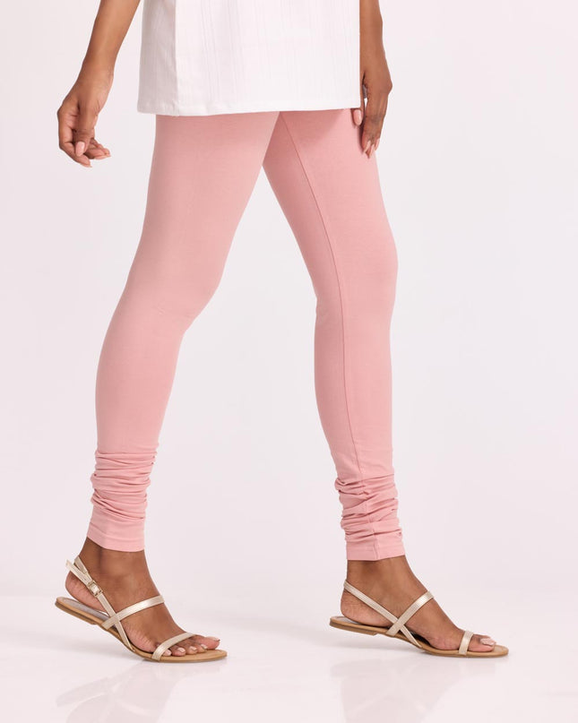 Women Peach Pink Cotton Churidar Leggings