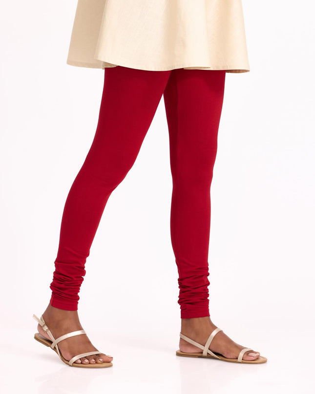 Women Cherry Red Cotton Churidar Leggings