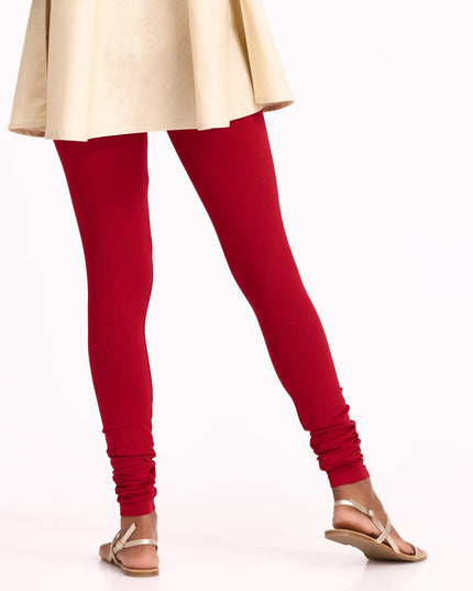 Women Cherry Red Cotton Churidar Leggings