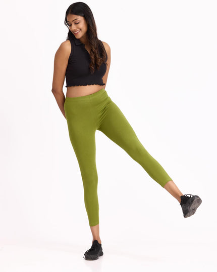 Women Cotton Cropped Leggings - Olive Green