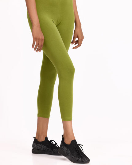 Women Cotton Cropped Leggings - Olive Green