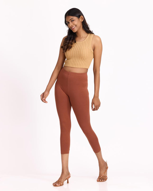 Women Cotton Cropped Leggings - Coco Brown