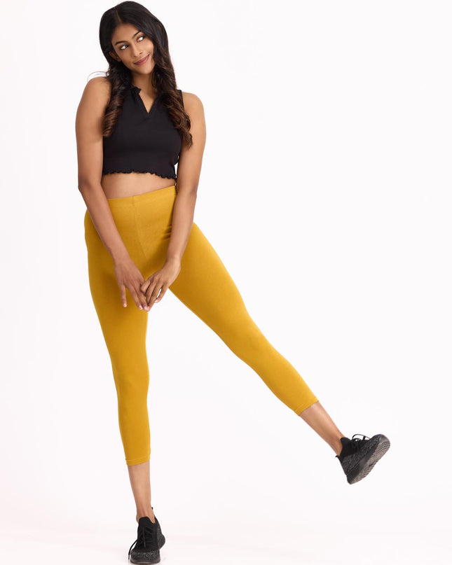 Women Cotton Cropped Leggings - Mustard