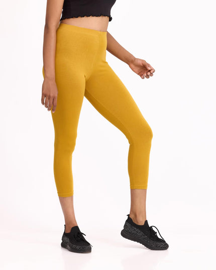 Women Cotton Cropped Leggings - Mustard