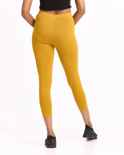 Women Cotton Cropped Leggings - Mustard