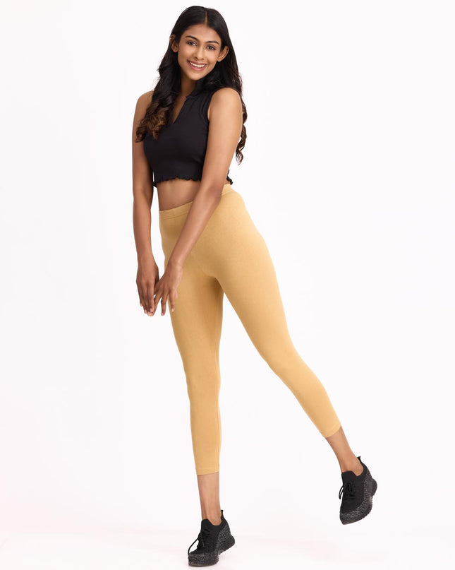 Women Cotton Cropped Leggings - Wheat