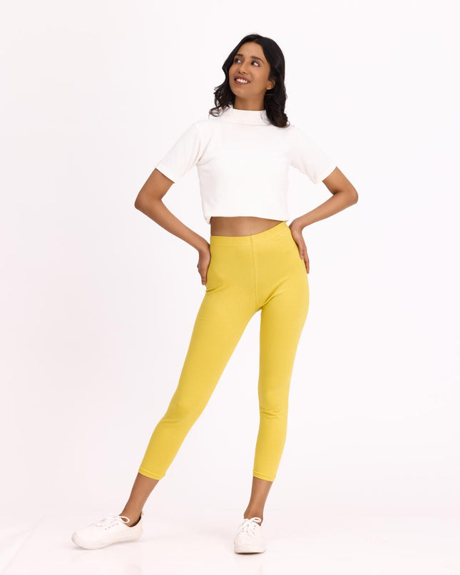 Women Cotton Cropped Leggings - Light Lime