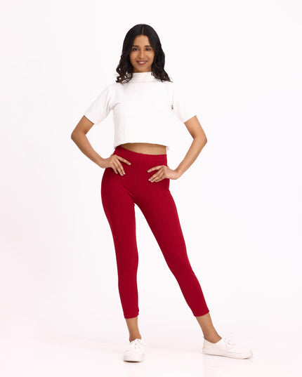 Women Cotton Cropped Leggings - Cherry Red