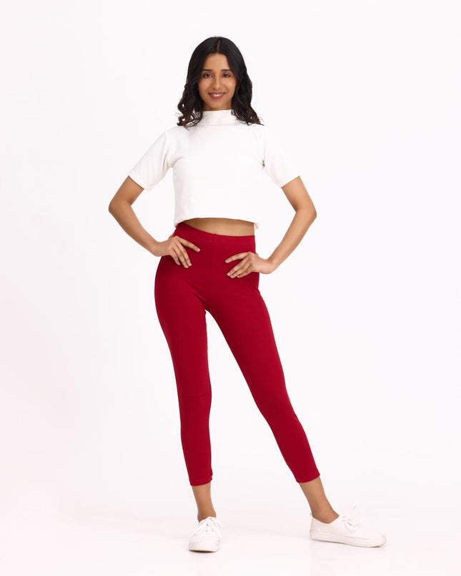 Women Cotton Cropped Leggings - Cherry Red