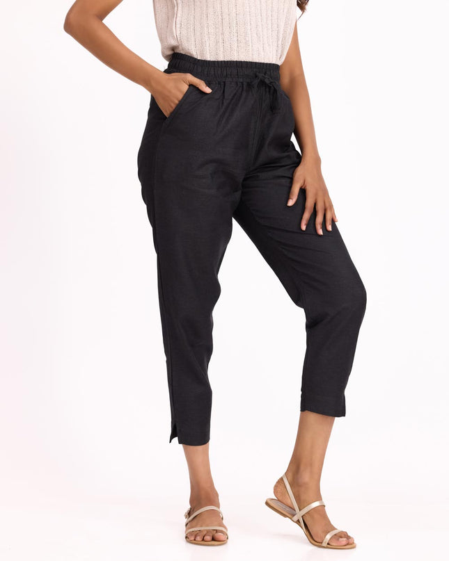 Women Black Linen - Blend Trousers