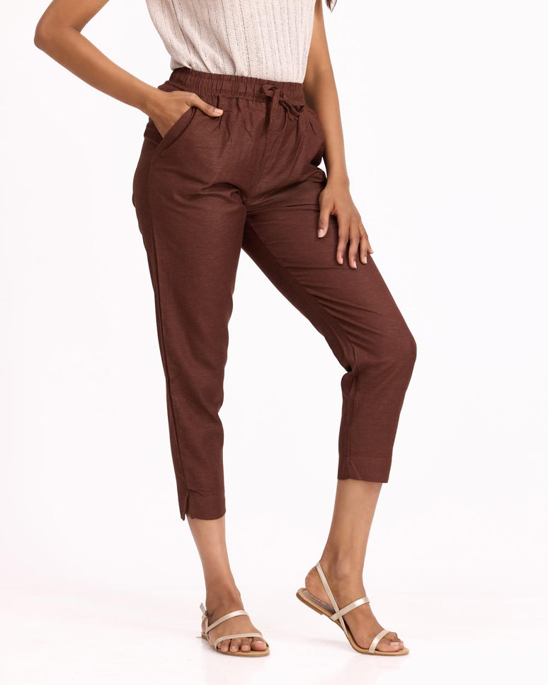 Women Brown Linen - Blend Trousers