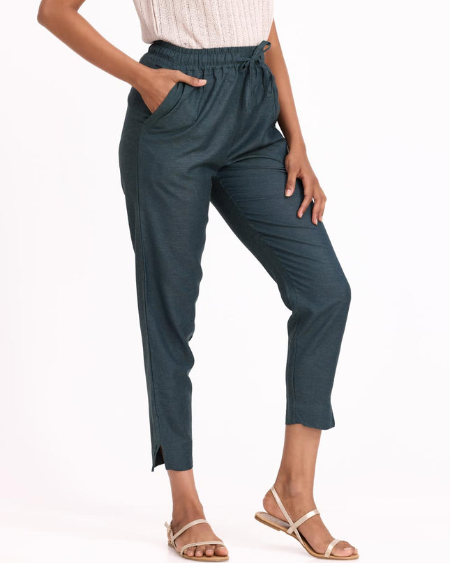 Women Bottle Green Linen - Blend Trousers