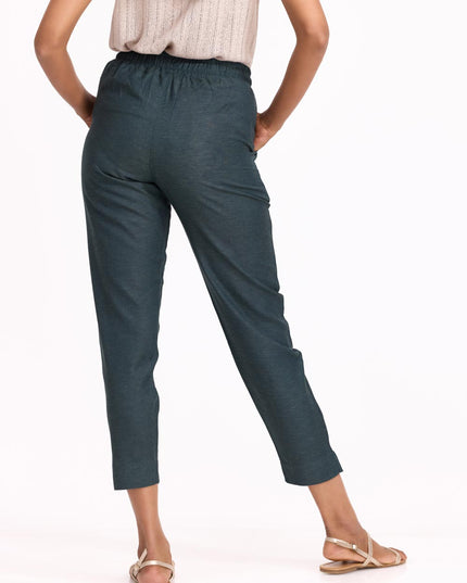 Women Bottle Green Linen - Blend Trousers