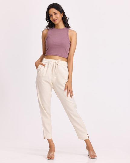 Women Cream Linen - Blend Trousers