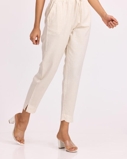 Women Cream Linen - Blend Trousers