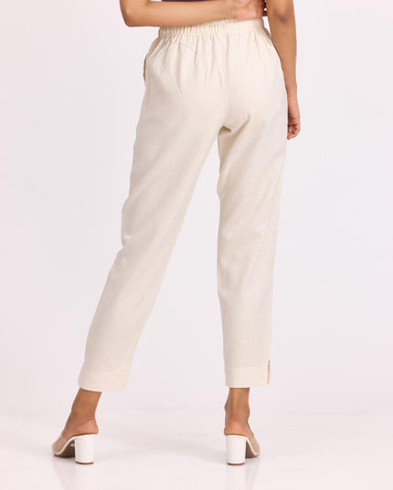 Women Cream Linen - Blend Trousers