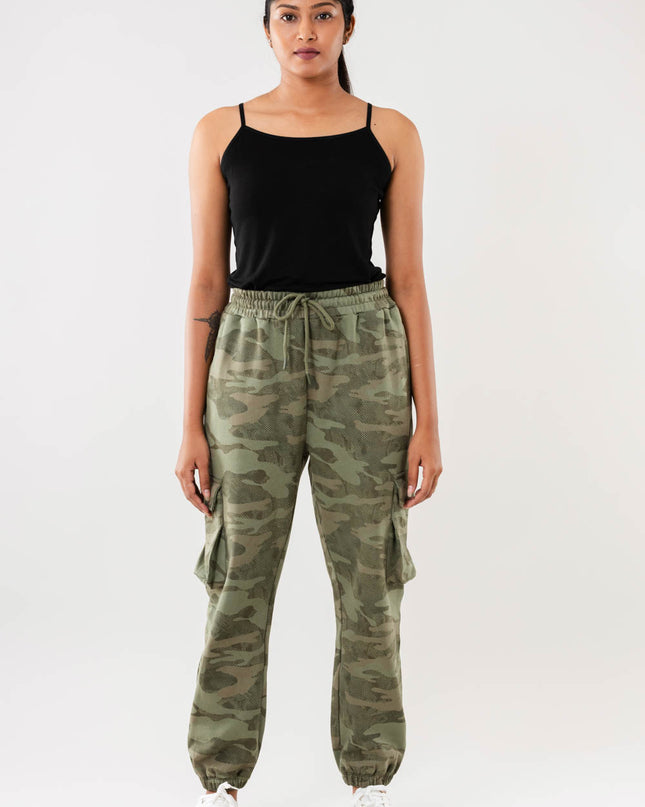 Women Green Camo Print Cargo Joggers