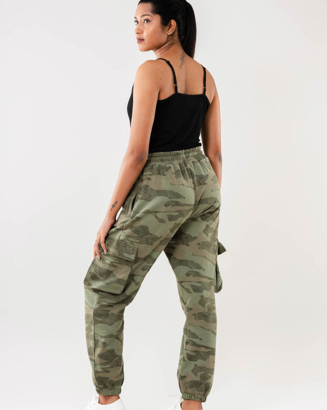 Women Green Camo Print Cargo Joggers