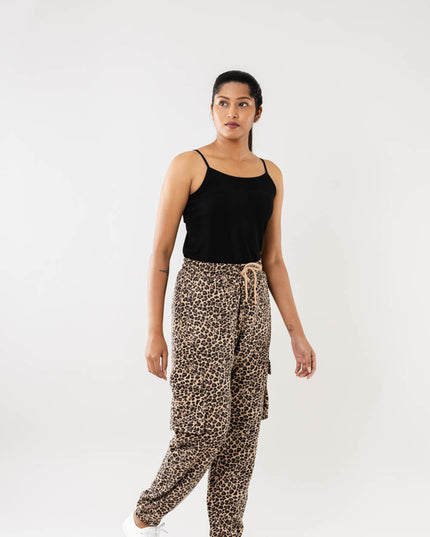 Women Beige Multi Faux Cargo Joggers