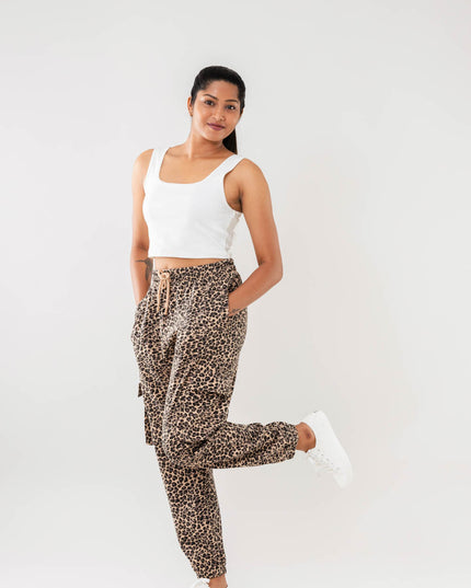 Women Beige Multi Faux Cargo Joggers