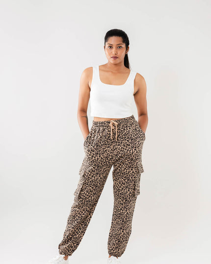 Women Beige Multi Faux Cargo Joggers