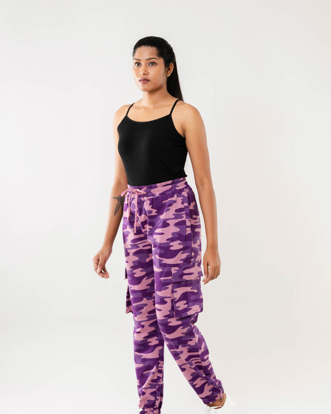 Women Purple Camo Print Cargo Joggers