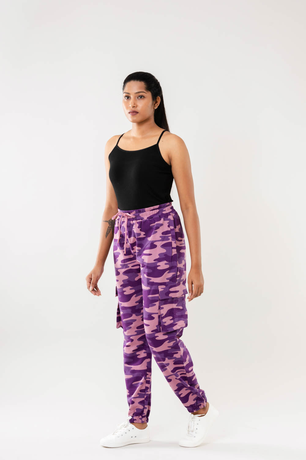 Women Purple Camo Print Cargo Joggers - Main Image