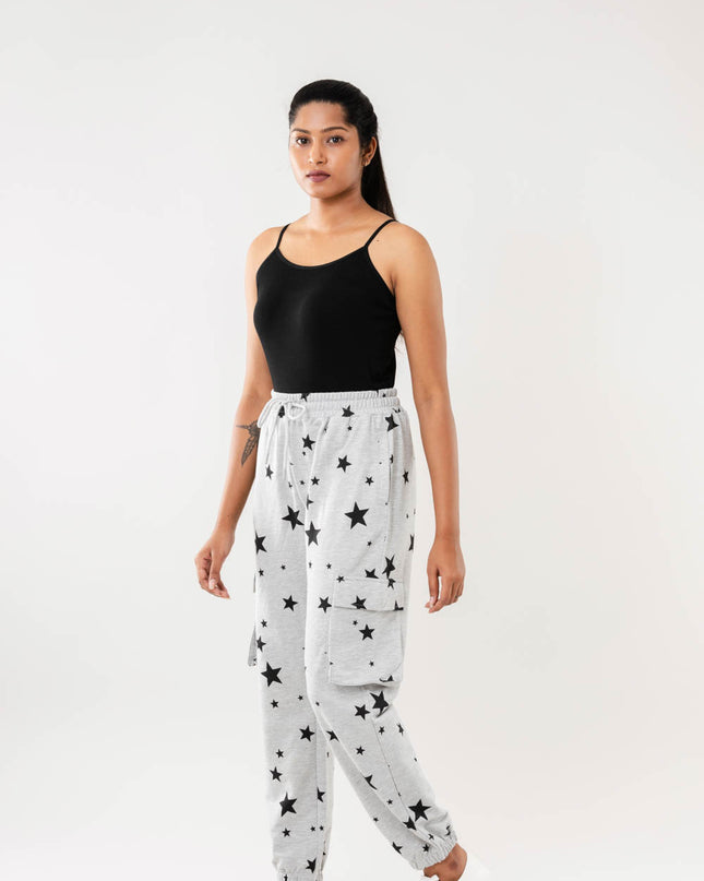 Women Greymelange Star Print Cargo Joggers