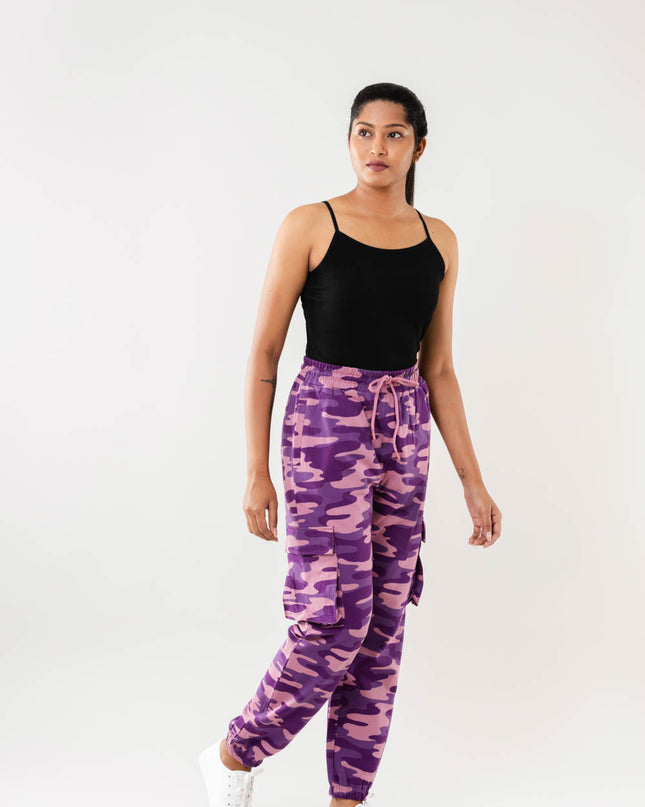 Women Purple Camo Print Cargo Joggers