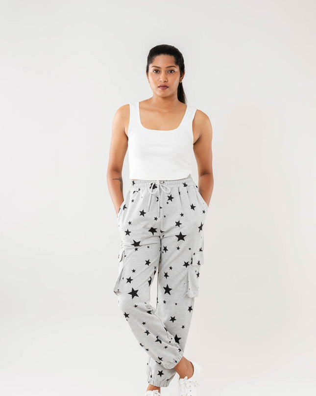 Women Greymelange Star Print Cargo Joggers