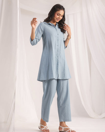 Women Light Blue Cotton Jacquard Self Design Shirt Co-ord Set