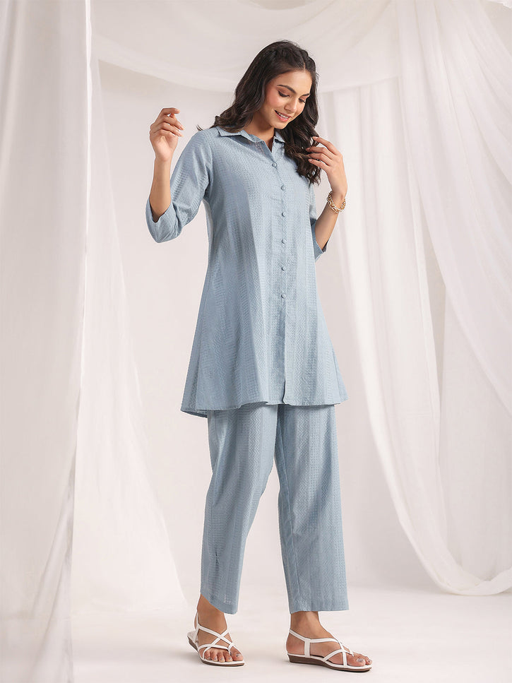 Women Light Blue Cotton Jacquard Self Design Shirt Co-ord Set