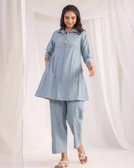 Women Light Blue Cotton Jacquard Self Design Shirt Co-ord Set