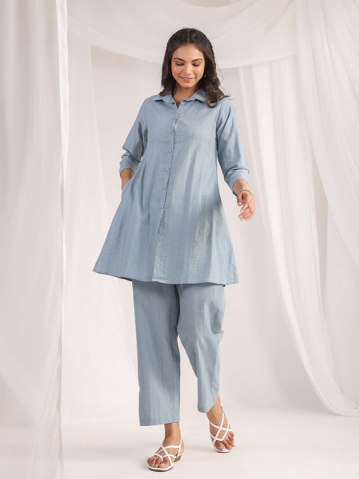 Women Light Blue Cotton Jacquard Self Design Shirt Co-ord Set