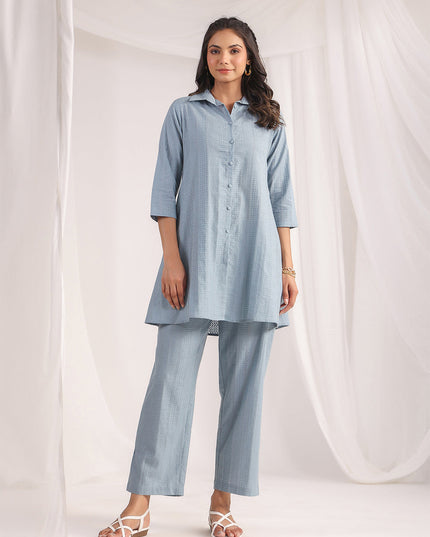 Women Light Blue Cotton Jacquard Self Design Shirt Co-ord Set