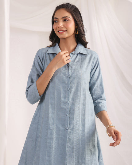 Women Light Blue Cotton Jacquard Self Design Shirt Co-ord Set