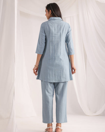 Women Light Blue Cotton Jacquard Self Design Shirt Co-ord Set