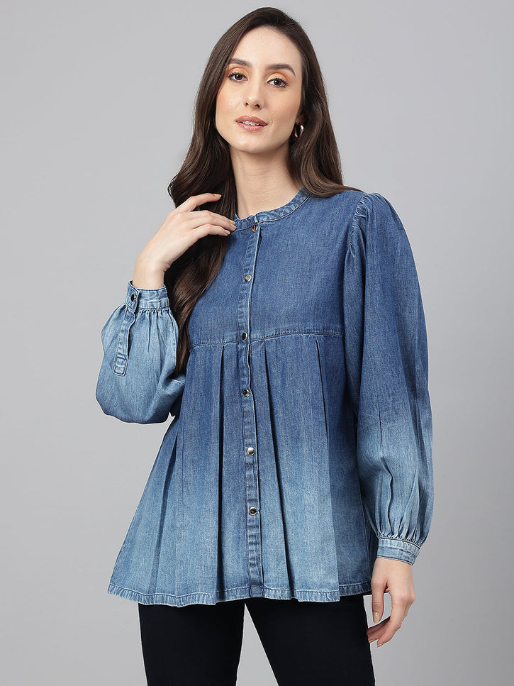 Women Blue Denim Faded Flared Top