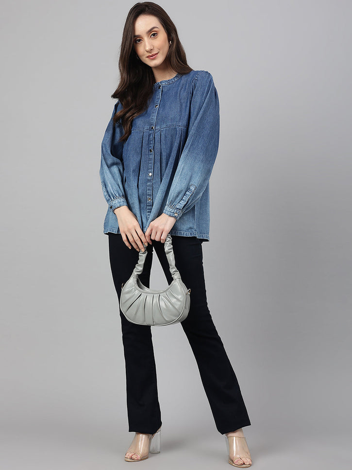 Women Blue Denim Faded Flared Top