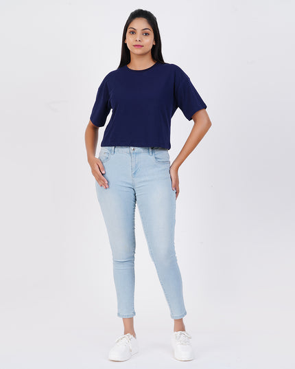 Women Denim Blue Crop Tees