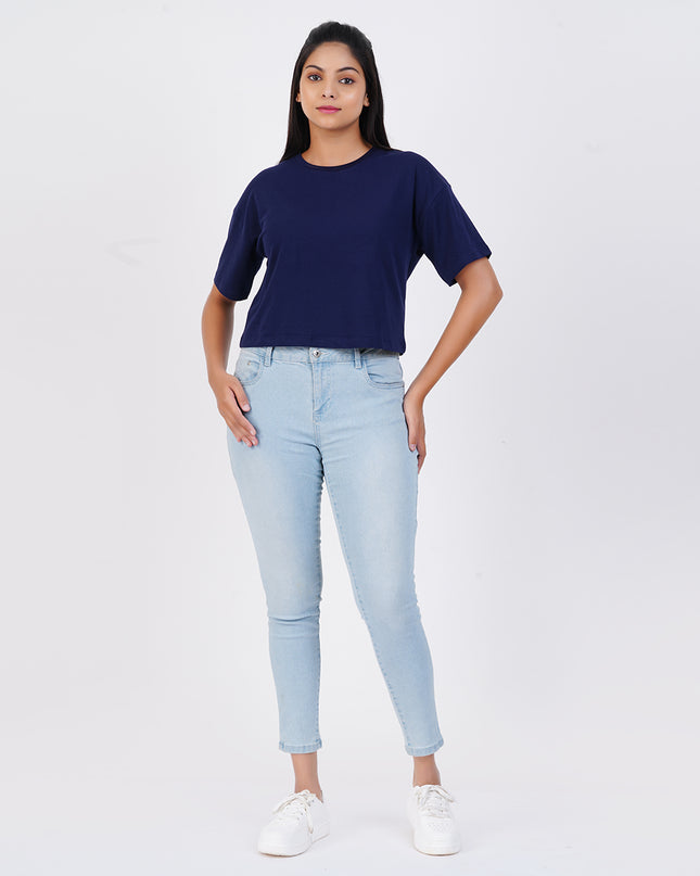 Women Denim Blue Crop Tees