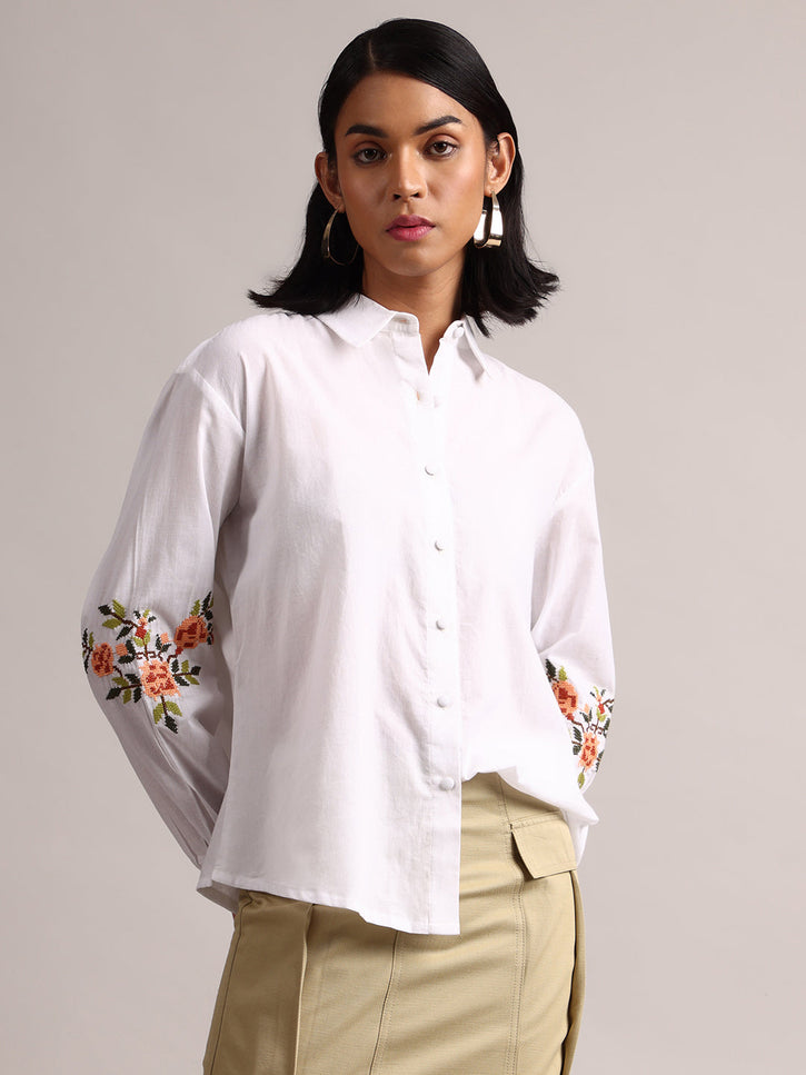 Women White Cotton Embroidered Puff Sleeve Shirt Style Top