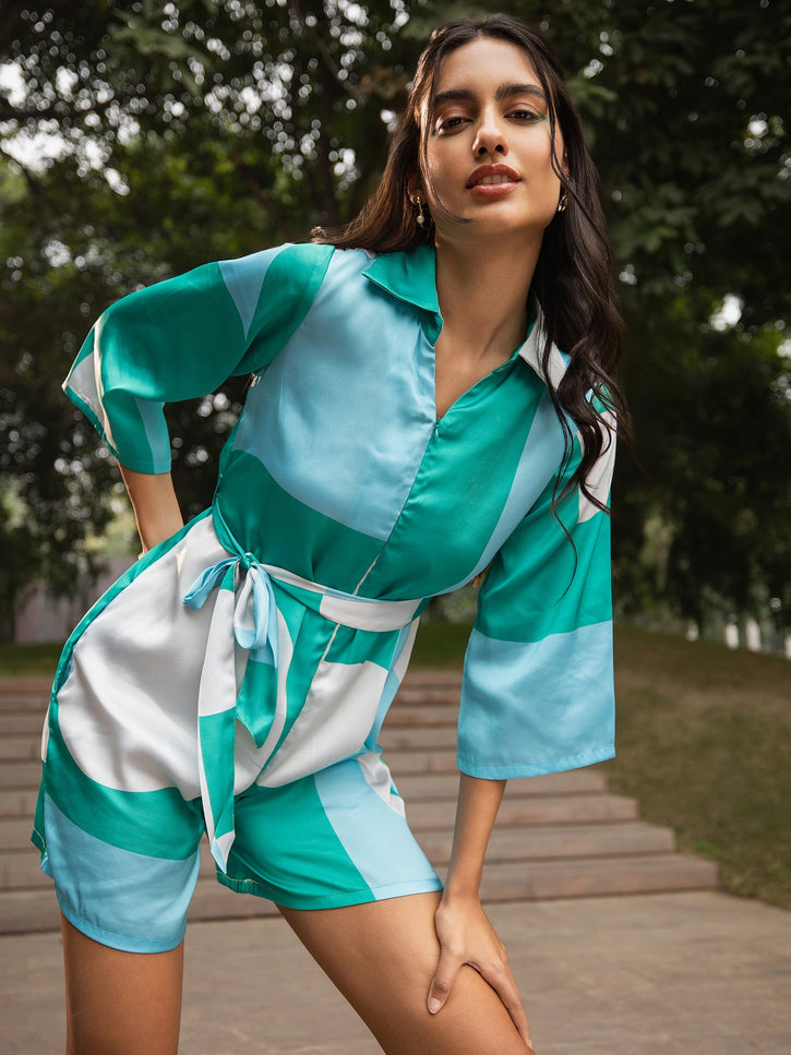 Women Mint Satin Colourblocked Jumpsuit