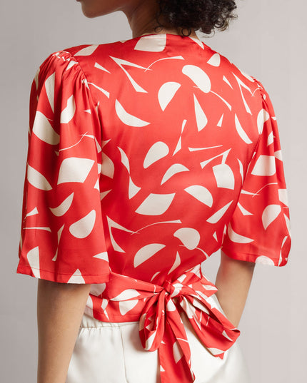 Women Red Satin Abstract Wrap Around Top