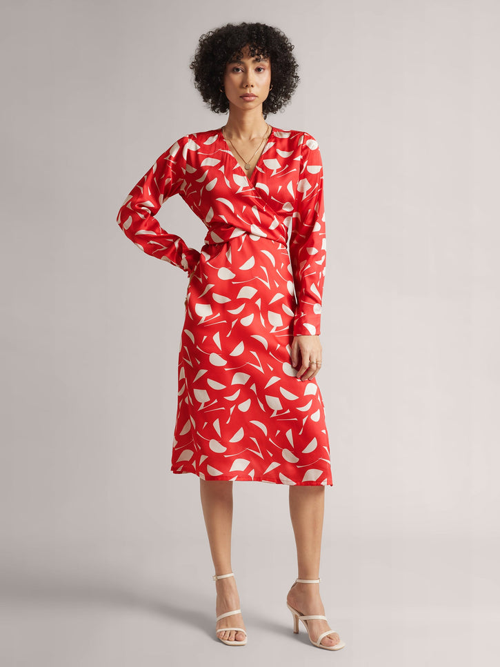 Women Red Satin Abstract A-Line Midi Dress